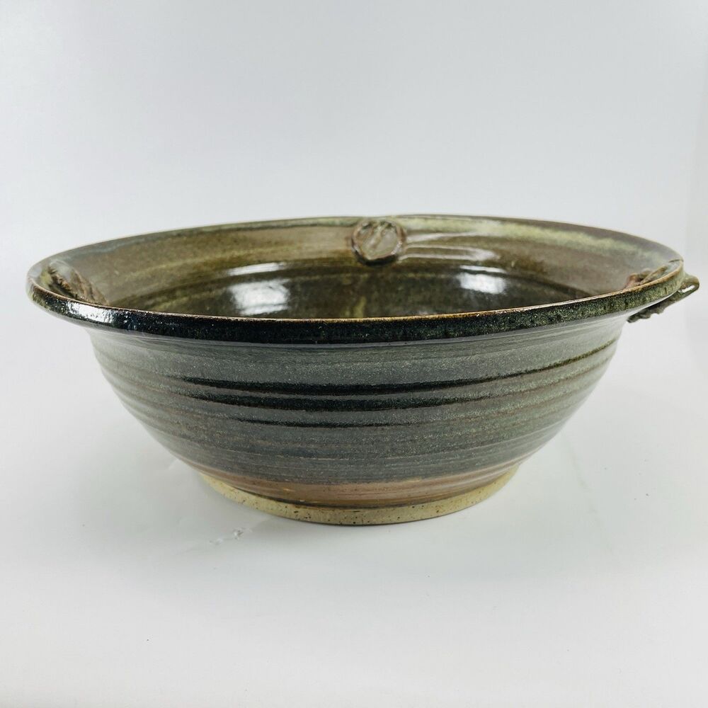 Jim Fey Studio Pottery Bowl Brown Embossed Design Nebraska 11.5” Signed